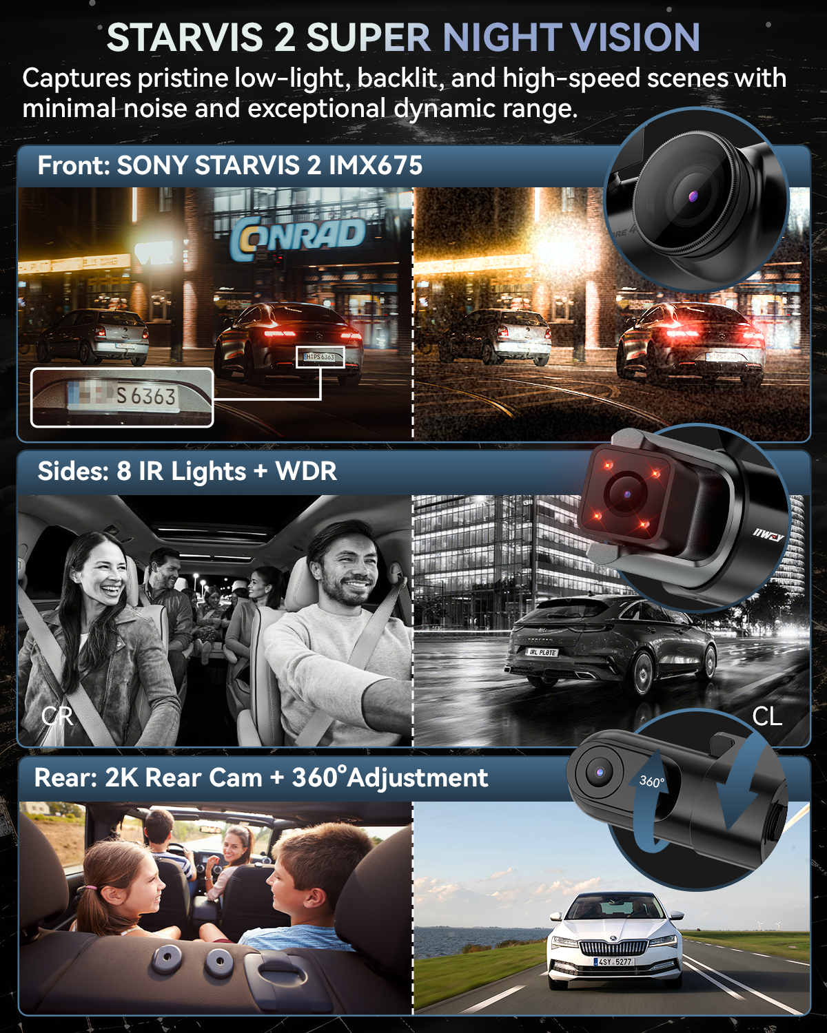 C4 PRO 4 Channel 360° Dash Camera for Cars, STARVIS 2 IMX675, 2.7K+1080P*2+2K, Front Rear Inside Dash Cam, 5G WiFi GPS, Voice Control, Optional CPL, IR Night Vision, 24/7 Parking Mode, with 128GB Card