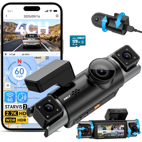 C4 PRO 4 Channel 360° Dash Camera for Cars, STARVIS 2 IMX675, 2.7K+1080P*2+2K, Front Rear Inside Dash Cam, 5G WiFi GPS, Voice Control, Optional CPL, IR Night Vision, 24/7 Parking Mode, with 128GB Card