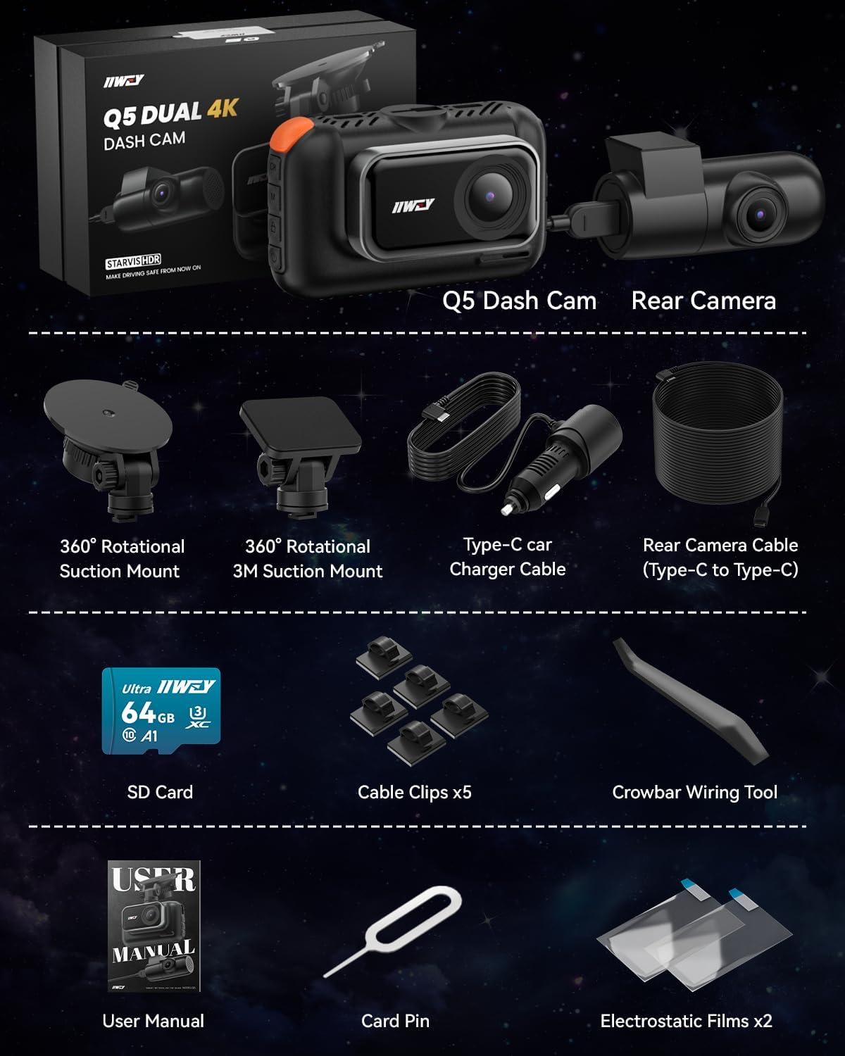 IIWEY Dual Channel 4K Dash Cam Front Rear, 3 Inch IPS Screen, 5G WiFi 64GB SD Card Included, 4K 2160P Dash Camera for Car, Dual Camera HDR Night Vision, 24H Parking Mode, 170° Wide Angle View (Q5)