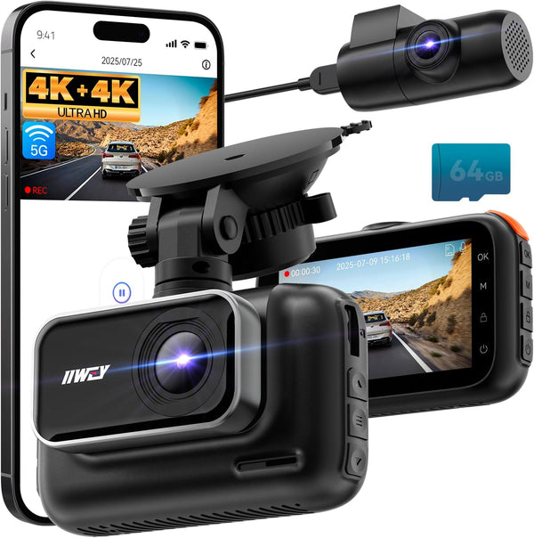 IIWEY Dual Channel 4K Dash Cam Front Rear, 3 Inch IPS Screen, 5G WiFi 64GB SD Card Included, 4K 2160P Dash Camera for Car, Dual Camera HDR Night Vision, 24H Parking Mode, 170° Wide Angle View (Q5)