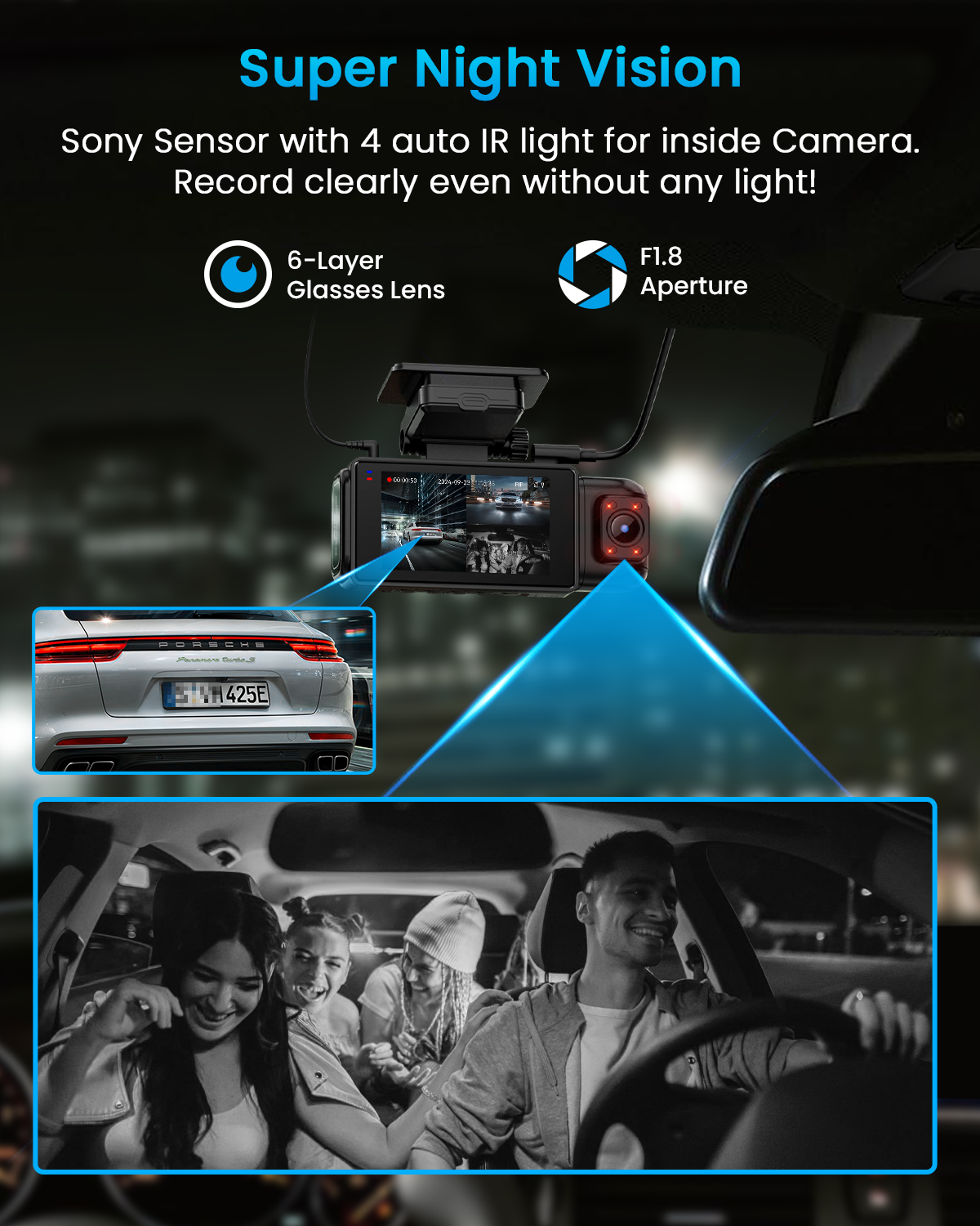 iiwey N7 3 Channel Dash Cam Front and Rear Inside 3K+1080P+1080P with 128GB SD Card, 4K+1080P Dual Dash cam Front and Inside 5GHz WiFi, Rotatable Side Camera for Car, 24/7 Recording, IR Night Vision