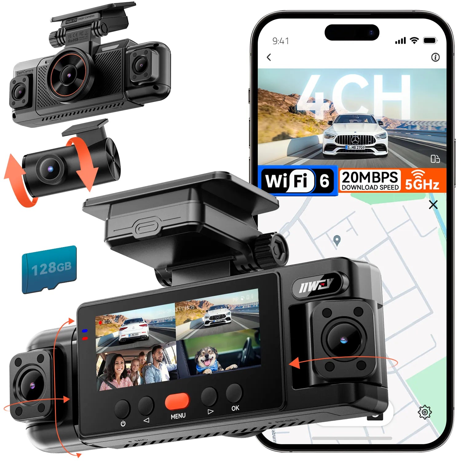 IIWEY N6 360° Dash Cam (4-Channel) | Front, Rear & Inside Car Camera with WiFi-6 & GPS