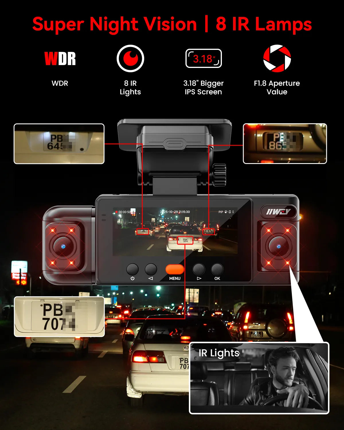 IIWEY N6 360° Dash Cam (4-Channel) | Front, Rear & Inside Car Camera with WiFi-6 & GPS