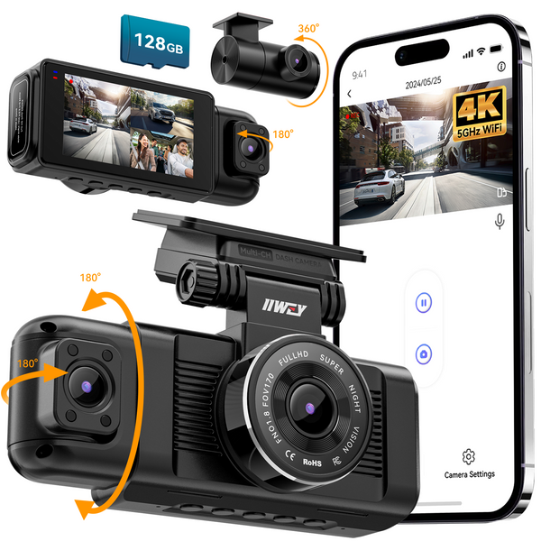 iiwey N7 3 Channel Dash Cam Front and Rear Inside 3K+1080P+1080P with 128GB SD Card, 4K+1080P Dual Dash cam Front and Inside 5GHz WiFi, Rotatable Side Camera for Car, 24/7 Recording, IR Night Vision