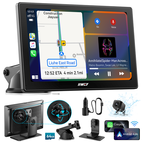 IK5 9" Wireless Apple CarPlay & Android Auto Screen, Portable Car Stereo with 4K Dash Cam & 1080p Backup Camera, Add CarPlay to Any Vehicle, Touchscreen, GPS, Mirror Link