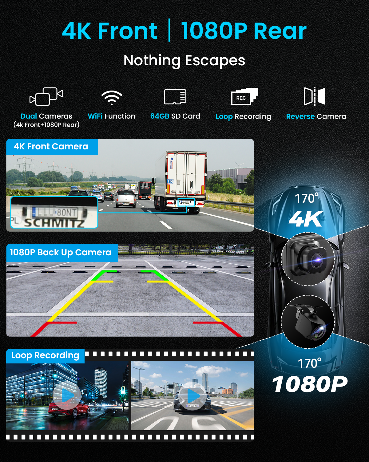 IIWEY iK11 11" Wireless Apple CarPlay Screen with Android Auto, 4K Dash Cam & 1080P Backup Camera