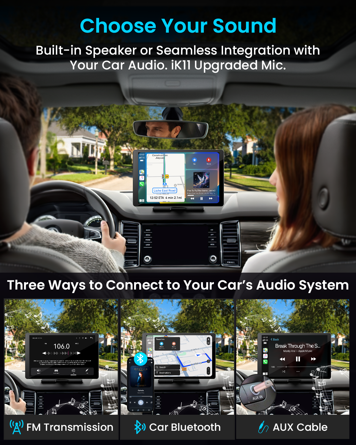 IIWEY iK11 11" Wireless Apple CarPlay Screen with Android Auto, 4K Dash Cam & 1080P Backup Camera